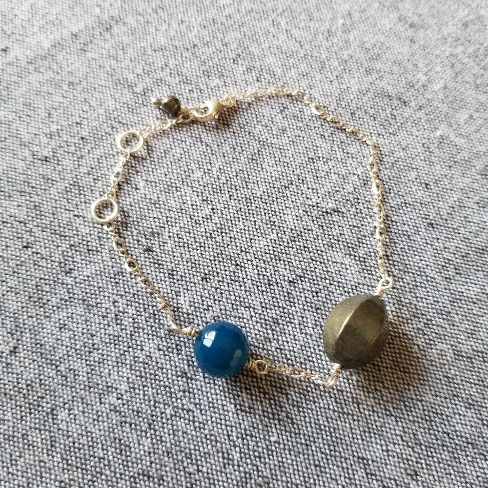 Beautiful faceted pyrite and blue agate sterling silver gemstone bracelet